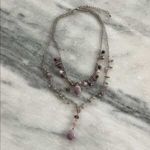 Y2K Art Deco Two-Strand Silver Tone Necklace with Purple Beads
